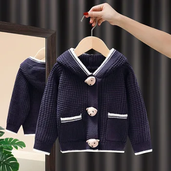 Детский утепленный кардиган, свитер, осень-зима, свитер с капюшоном для маленьких девочек, пальто, верхняя одежда для мальчиков, детская трикотажная одежда