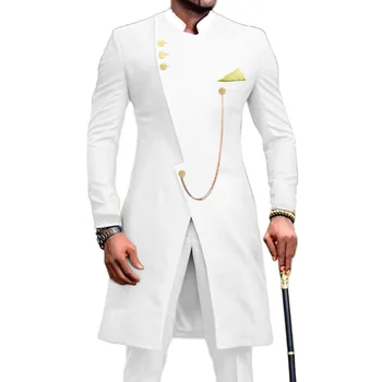 Африканский костюм для мужчин, однотонные белые длинные куртки и брюки, приталенные вечерние наряды из 2 предметов, свадебный костюм Homme, классический блейзер, комплект
