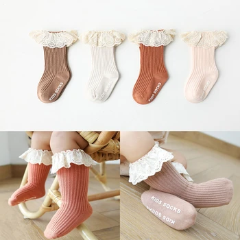 Детские носки Новые Детские нескользящие носки для малышей и девочек до колена из мягкого хлопка, милые кружевные детские носки для маленьких девочек 0-3 лет