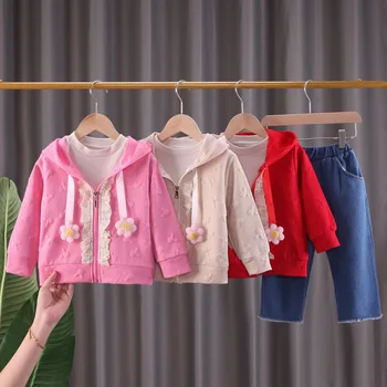 Комплекты одежды для маленьких девочек 1-4 лет, осенняя детская одежда, футболка для девочек, пальто с капюшоном, брюки, детский спортивный костюм, джинсы, комплект одежды