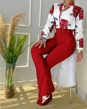 Элегантные комплекты из двух предметов, женские комплекты Весна-осень, рубашка на пуговицах с цветочным принтом и брюки-ботфорты, комплект с поясом, женская одежда