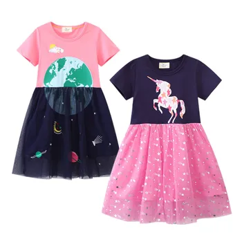 Платья для девочек с космической вышивкой, детские праздничные платья с коротким рукавом, Милая одежда для малышей, платья для детей