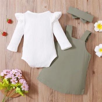 Комплект одежды для маленьких девочек, комплект комбинезонов для новорожденных, летящий комбинезон с длинными рукавами и юбка на подтяжках с повязкой на голову