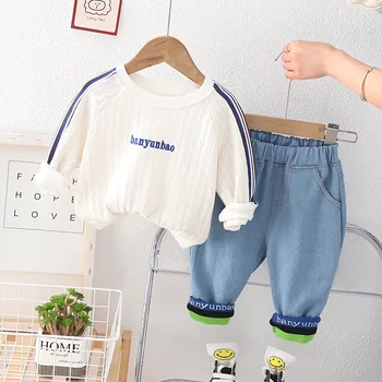 2023 Весенне-осенняя одежда для маленьких мальчиков, модный Корейский пуловер с длинными рукавами, свитер, джинсы, комплект из 2 предметов, повседневная одежда для детей 1-5 лет