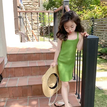 Летнее модное зеленое трикотажное платье-комбинация для девочек, тонкое и стильное платье для маленьких девочек