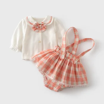 Детская одежда, Весенняя юбка для малышей, Розовые клетчатые юбки + Футболка с длинными рукавами, Костюм для девочек, Детская одежда для девочек, Комплекты из 2 предметов
