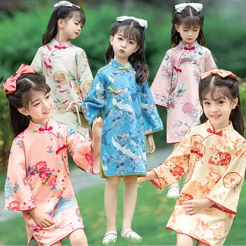 Весенне-осенний костюм Ципао с цветочным принтом в китайском стиле для маленьких девочек от 1 до 10 лет, расшитое платье со свободными рукавами, подарок на День рождения