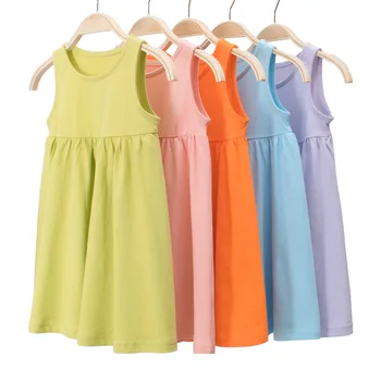 Платье Трапециевидной формы без рукавов для девочек, Летняя детская одежда, хлопковый сарафан для малышей, платья принцессы, Желтый, зеленый