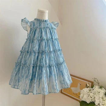 Маленькое платье с развевающимися рукавами для девочек, летнее платье для торта, детское платье трапециевидной формы для девочек 12 м-6 лет