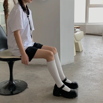 Повседневные хлопчатобумажные длинные носки для женщин и девочек, вязаные в рубчик, однотонные чулки до колена Y08E