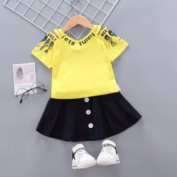Детский костюм для девочек, летняя хлопковая детская футболка с короткими рукавами и открытыми плечами + короткая юбка, костюм из 2 предметов, повседневная одежда для девочек от 0 до 4 лет