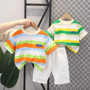 Новая детская одежда, летний костюм для мальчика, футболка в разноцветную полоску, Шорты, 2 шт./компл., модная одежда для младенцев, спортивная одежда для малышей