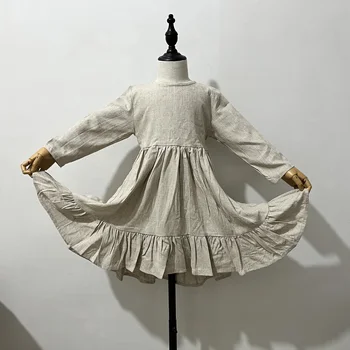 Летнее платье в стиле пэчворк из натурального льна для девочек, повседневные платья из хлопка и льна с расклешенными рукавами для маленьких детей, детская одежда