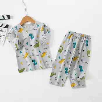 Комплект детской одежды 80-170 см, Одежда для сна, Серый Хлопковый Пижамный комплект с динозавром для мальчиков-подростков, Летняя детская одежда