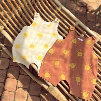 Корейский летний комбинезон для новорожденных с принтом солнца для маленьких мальчиков и девочек, свободный милый комбинезон, полукомбинезон