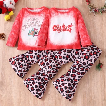 Рождественский комплект одежды из двух предметов для девочек, пуловер с круглым воротником и расклешенные брюки с леопардовым принтом, розовый / красный 18 М-8 Т