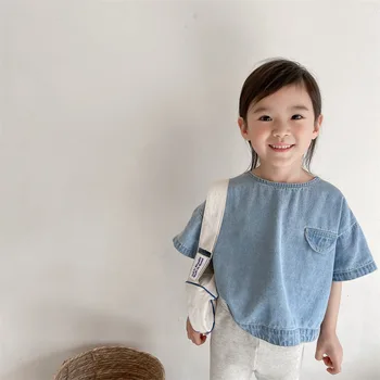 Летняя детская джинсовая футболка в простом японском стиле для маленьких мальчиков и девочек, блузки с короткими рукавами, мягкие дышащие детские повседневные свободные рубашки, топы