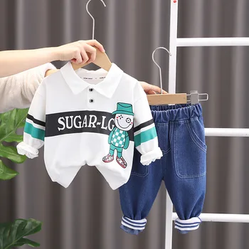 Корейская детская одежда для мальчиков от 12 до 18 месяцев, пуловер с мультяшным принтом, повседневные футболки с длинными рукавами, топы и джинсы, комплекты одежды для мальчиков