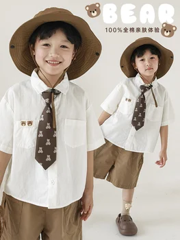 Съемный галстук с принтом медведя для летних мальчиков, красивая белая рубашка, детские брюки с большими карманами, комплект из двух предметов