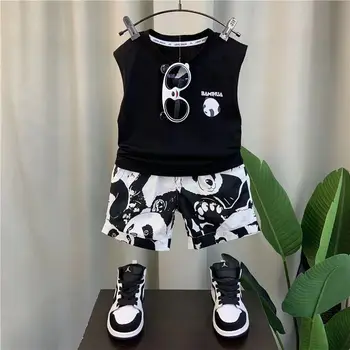 Летний детский костюм с пандой в повседневном стиле для маленьких мальчиков 2023 года, футболка + короткая одежда для мальчиков, комплекты одежды с принтом для детей 2-7 лет