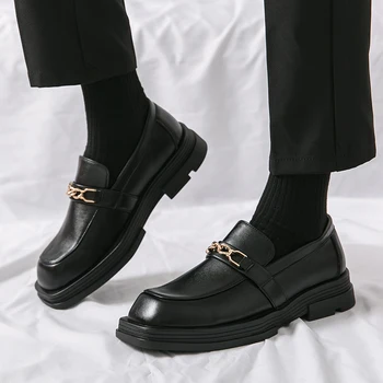 Брендовые мужские Оксфорды из натуральной кожи, рабочая обувь из черного мокасина с толстой подошвой, повседневные туфли на платформе без застежек с квадратным носком, модельные туфли с квадратной головкой