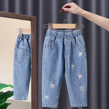 Джинсы для девочек 12 м-6 лет, детские стрейчевые джинсы с вышивкой, свободные брюки для девочек