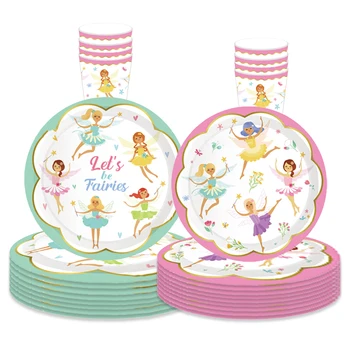 Танцующие феи Одноразовая посуда Бумажные Тарелки Салфетки Принадлежности для вечеринки в честь Дня рождения Счастливых девочек Наборы посуды Princess Butterfly
