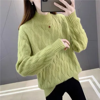 Корейские модные топы 2023, Осенне-зимняя женская одежда, однотонный толстый свитер с круглым вырезом, вязаный пуловер с длинным рукавом