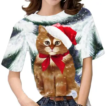 Женская рождественская футболка, женский удобный топ с 3D круглым вырезом и коротким рукавом, модная женская футболка, женская одежда больших размеров