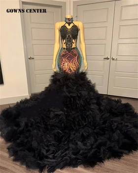 Вечерние платья из черного тюля с блестками Кружевное свадебное платье на бретелях Русалка Элегантное вечернее платье в африканском стиле vestidos de gala