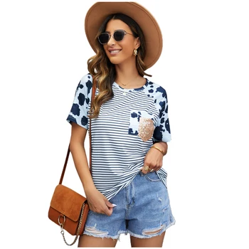 Женская футболка Летняя Свободная Простая с круглым вырезом и коротким рукавом в полоску, стильный женский топ для отдыха, уличная одежда, женская одежда
