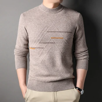 Шерстяной свитер, мужской зимний полосатый жаккардовый свитер с круглым вырезом, теплый повседневный вязаный шерстяной свитер снизу.