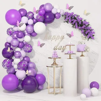 Фиолетовые воздушные шары, белые блестки, фиолетовый венок, цепочка, бабочка, оформление сцены, украшения для дня рождения, свадьбы.