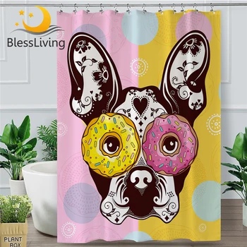 BlessLiving мультфильм душ занавес для малышей ванная комната хиппи бульдог ванна занавес животных розовый желтый пончик водонепроницаемый шторы