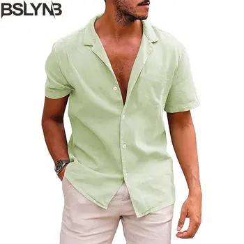 Мужская летняя хлопчатобумажная льняная рубашка С отворотом, рубашки на пуговицах, однотонная рубашка с короткими рукавами