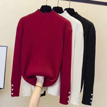 Женские осенне-зимние толстые свитера с высоким воротом 2023, Джемпер-пуловер с длинным рукавом и пуговицами большого размера