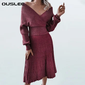 OUSLEE-Женский комплект вязаных свитеров, Пуловер с открытыми плечами, Сексуальный свитер с V-образным вырезом, Плиссированная юбка трапециевидной формы, Осенние комплекты из 2 предметов