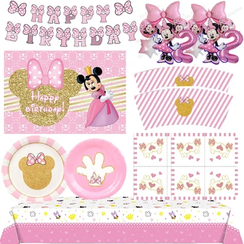 Новая Серия Украшений Для Вечеринок Disney Pink Minnie Mouse на 1-й День Рождения Для Украшения Одноразовой Посуды Для Маленьких Девочек