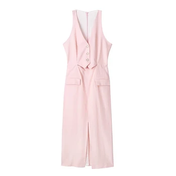 Летнее Новое льняное платье без рукавов с V-образным вырезом в стиле розового жилета, тонкая длинная юбка с разрезом