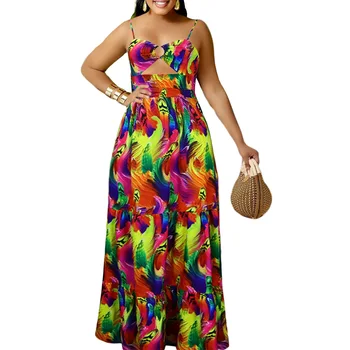 Длинное африканское платье для женщин на тонких бретельках, полые халаты в стиле ампир, летняя новинка, модный принт в виде галстука-красителя, Сексуальное африканское платье для пляжного отдыха