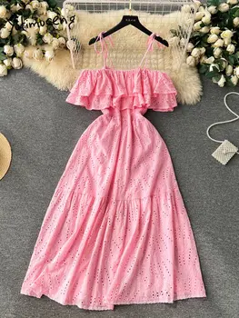 Женское платье Yitimuceng с вырезом лодочкой, однотонные оборки, Полый цветок, Элегантные платья Fairycore трапециевидной формы, шикарное повседневное летнее платье