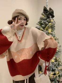 Рождественский новогодний свитер Korobov, зимняя одежда, Женский трикотаж, пуловеры контрастного цвета с V-образным вырезом и рукавом-фонариком, Корейская мода