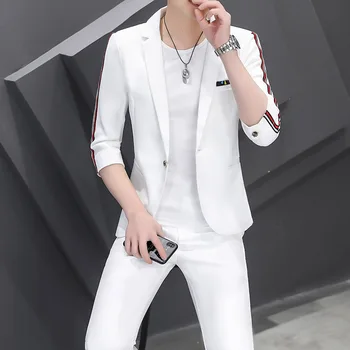 Летний костюм 2023 года (Блейзер + брюки в западном стиле) Корейская версия, приталенный костюм со средним рукавом, повседневный блейзер с семиконечным рукавом, комплект из двух предметов