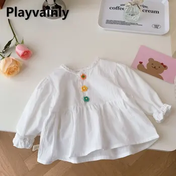 Весенние Новые Детские рубашки для девочек, цветные пуговицы, белые рубашки с длинным рукавом, Модная блузка, детская одежда EY836