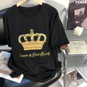 Горячая распродажа весны и лета 2023, новая модная женская футболка с бриллиантовой короной и короткими рукавами