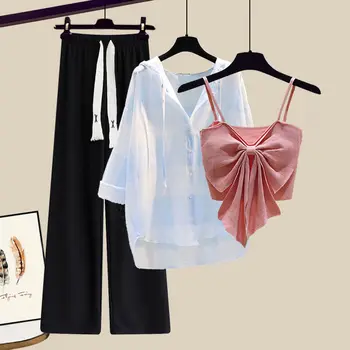 Корейский повседневный одиночный комплект женской одежды, снижающий возраст, 2023, Летняя новинка, рубашка на подтяжках для пикантной девушки, брюки, комплекты из трех предметов