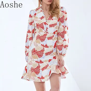 Aoshe, весна-лето, Новые женские модные короткие платья с принтом, V-образный вырез, высокая талия, Темперамент, Тонкое женское платье трапециевидной формы