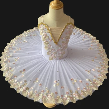 Балетная юбка-пачка для девочек, детские танцевальные костюмы, платье для выступлений с белым лебедем, расшитое цветами и кристаллами