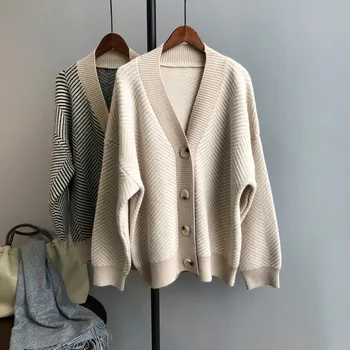 2022 Высококачественный женский осенний вязаный женский свитер в полоску с V-образным вырезом, пальто, Кардиганы, женское пончо с длинным рукавом, свитера Pull Femme
