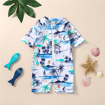 Детский купальник для девочек и мальчиков с длинным рукавом, со стоячим вырезом, на молнии, с принтом кокосовой пальмы, песчаного пляжа, купальники, комбинезон, детская пляжная одежда